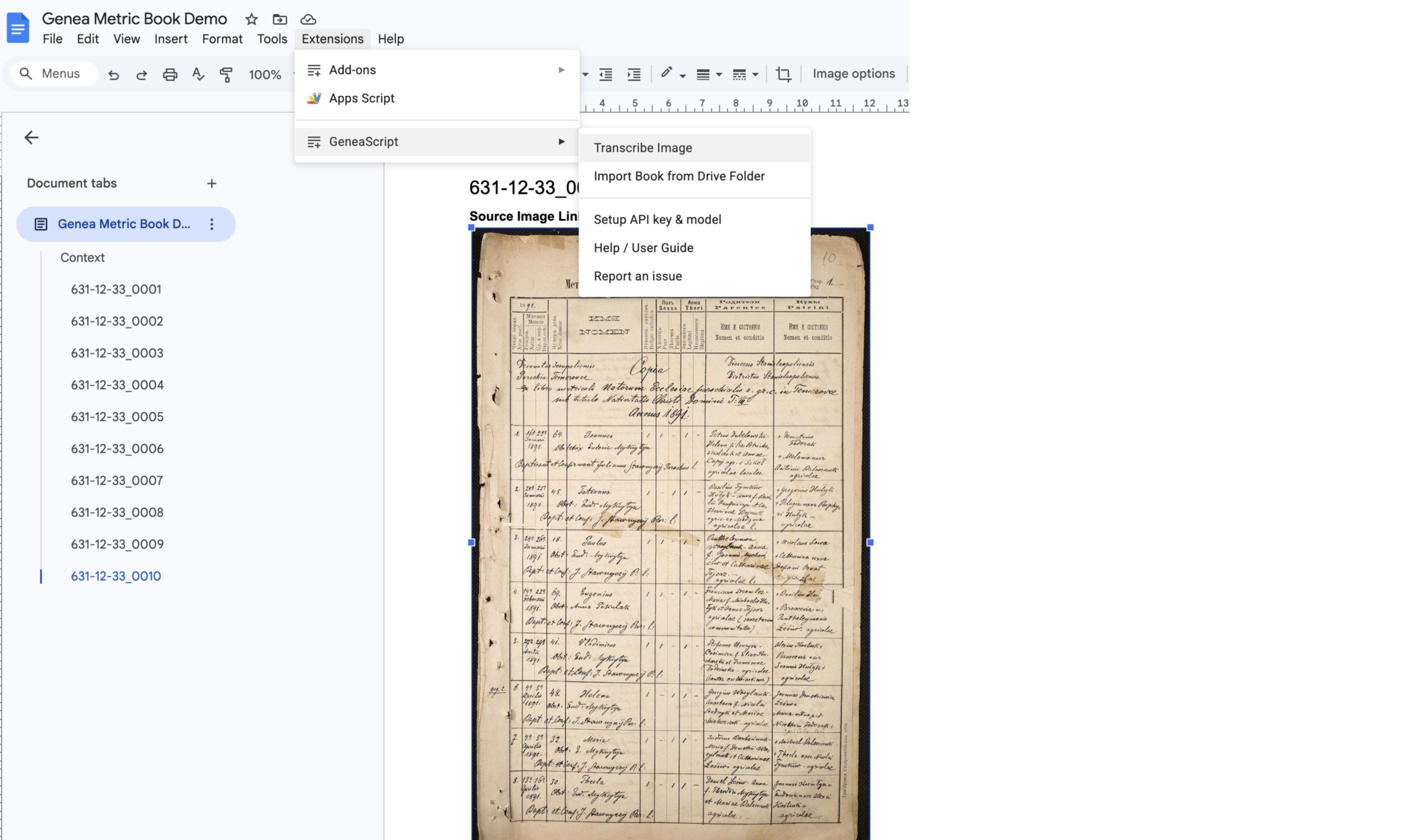 Select image and run Transcribe Image