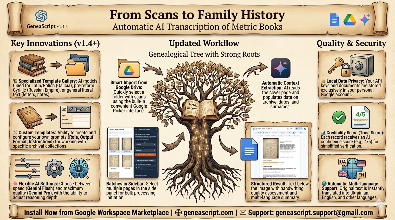 GeneaScript v1.4.5 — infographic in English