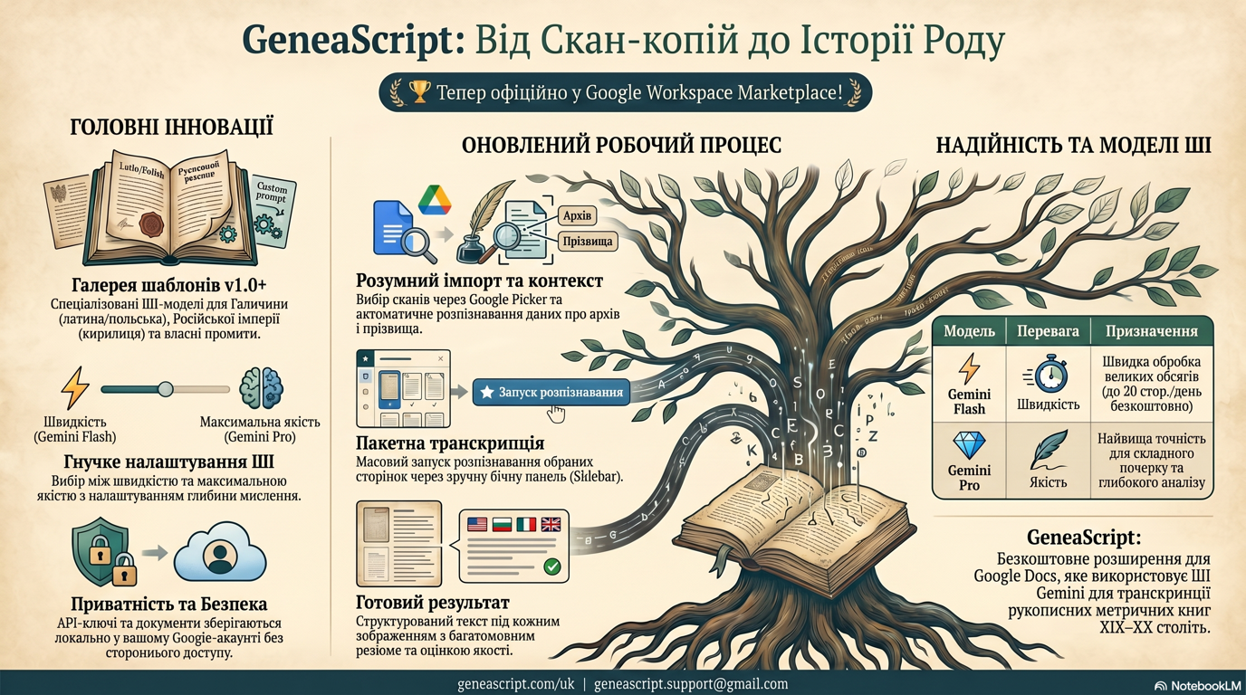 GeneaScript v1.4.5 — інфографіка українською